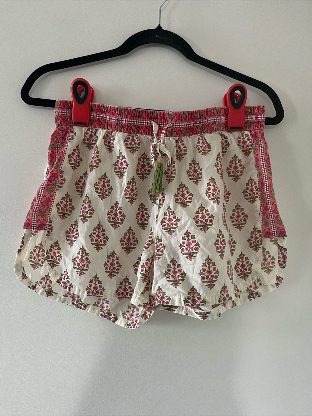 100% Cotton Cream Red Indian Block Print Floral Pajama Shorts Small Lounge Sleep